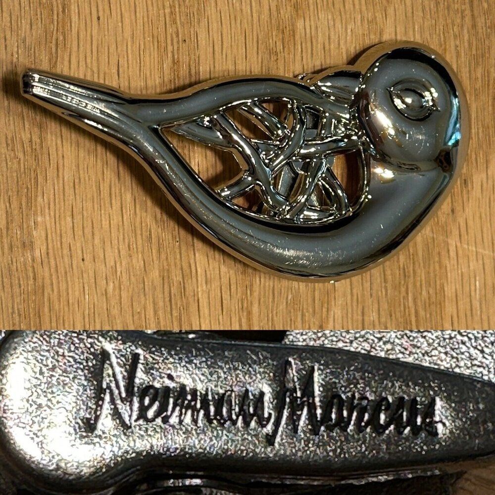 Neiman Marcus Silver Tone Filigree Bird Dove Sweater Clip Pin Brooch Statement